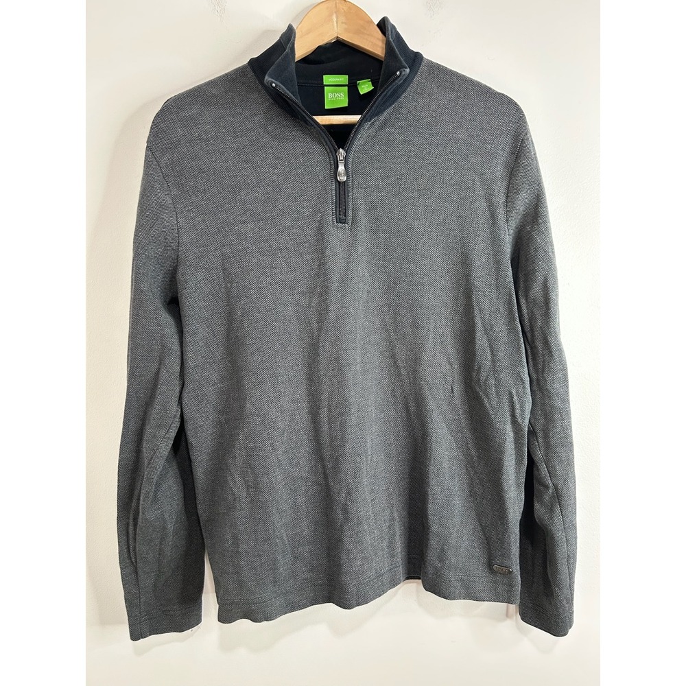 Hugo Boss Grey Herringbone 1/4 Zip Cotton Pullover Sweater Mens M Modern Fit